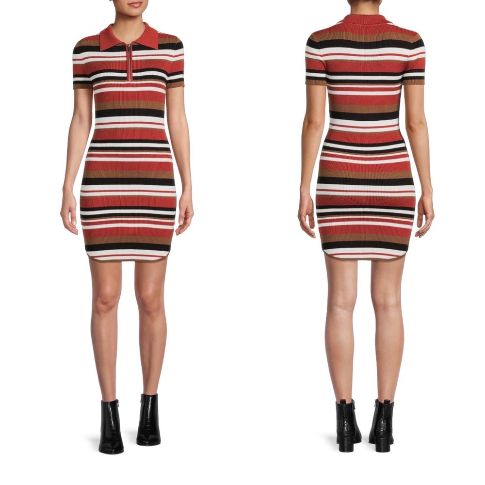NO BOUNDARIES | NWT Retro Brown & Rust Stripe Collared Zip Rib Knit Dress